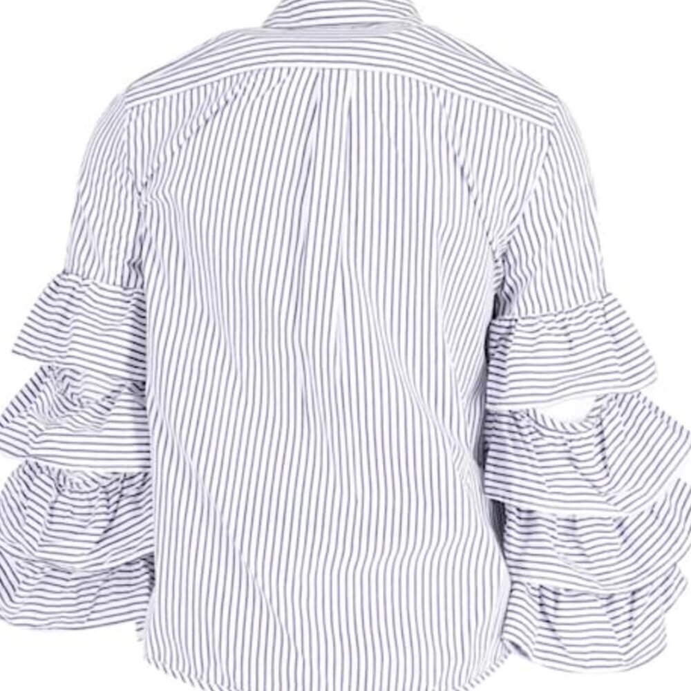 Striped Button Down Shirt with Ruffle Sleeves - Picture 2 of 11